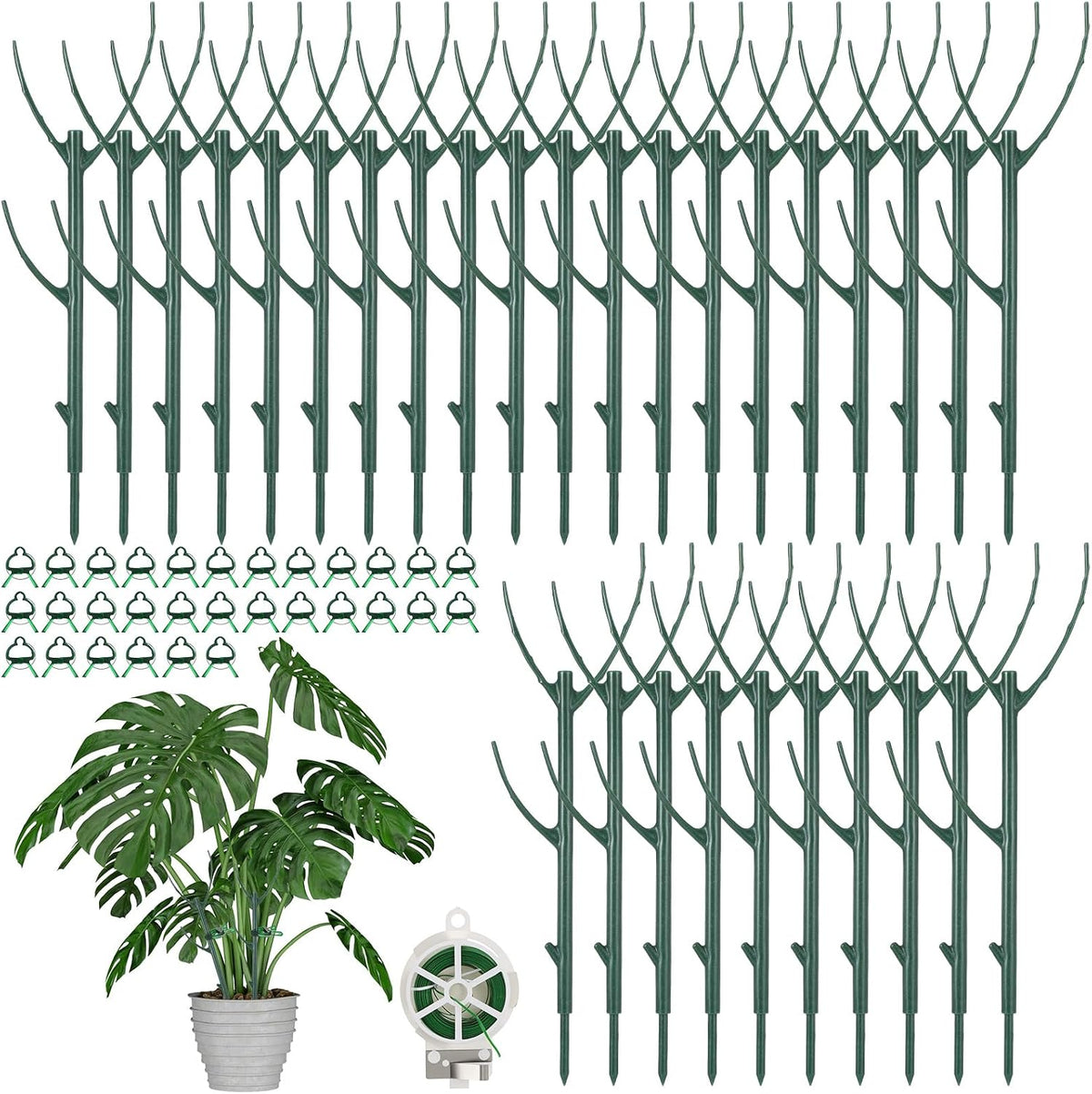 30-Pack Plant Support Stakes with 30Pcs Clips & 1Pc Ties, Stackable Garden Trellis Climbing Poles & Tall Plant Sticks for Indoor Outdoor Potted Plants
