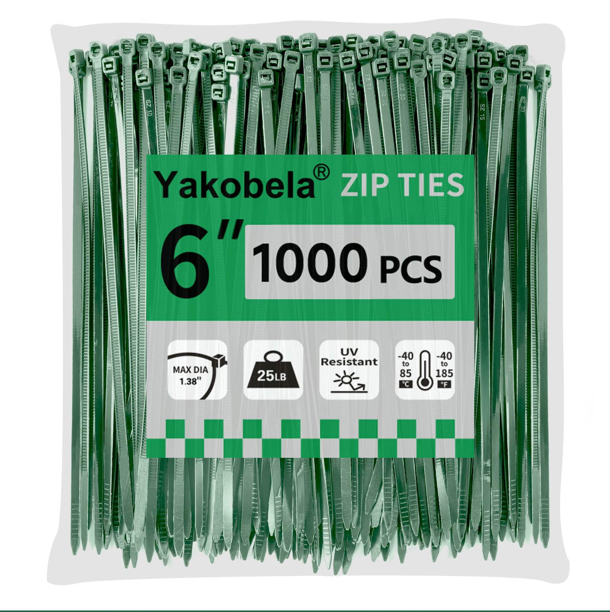 Green Zip Ties 6", 1000 Pack, Cable Ties UV Resistant, Wire Ties 25 lbs Tensile Strength for Garden, Plants, Holiday Lights, Yakobela