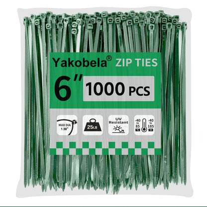 Green Zip Ties 6", 1000 Pack, Cable Ties UV Resistant, Wire Ties 25 lbs Tensile Strength for Garden, Plants, Holiday Lights, Yakobela