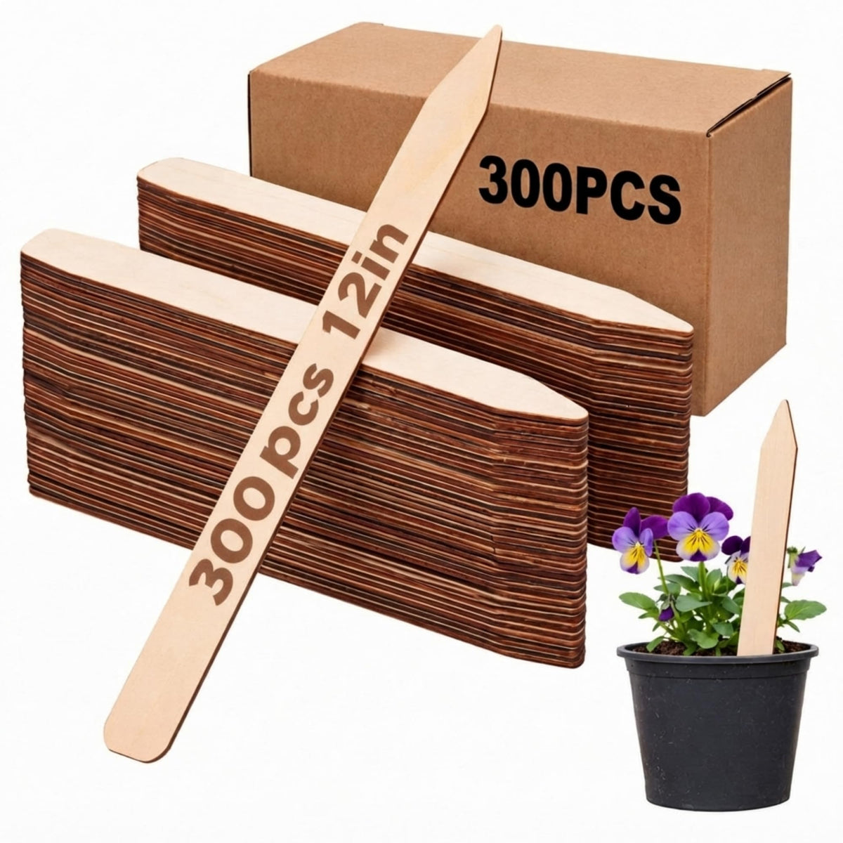 Suclain 300 Pack 12" Wooden Plant Label Natural Garden Tag Field Markers